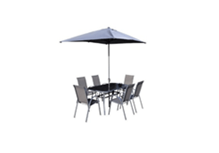 8PCSET=6CHAIR1TABLE1UMBR/3PACKAGE,STEEL&TEXTLE&POLYCHARCOALGREY